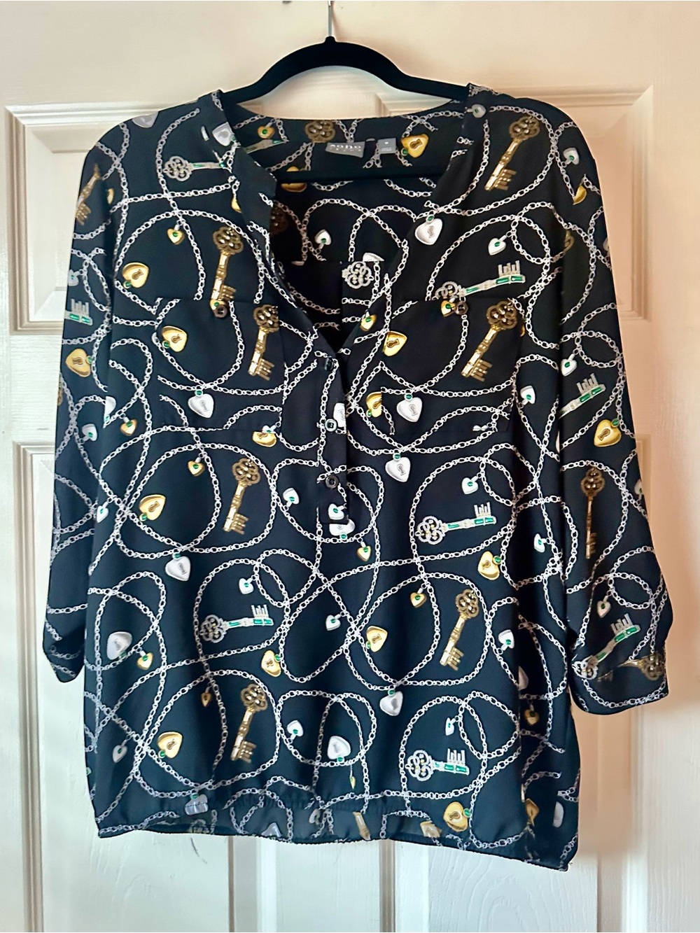 Soho V-Neck Black Blouse, 3/4 sleeves, with Gold & Silver Key Chain Print